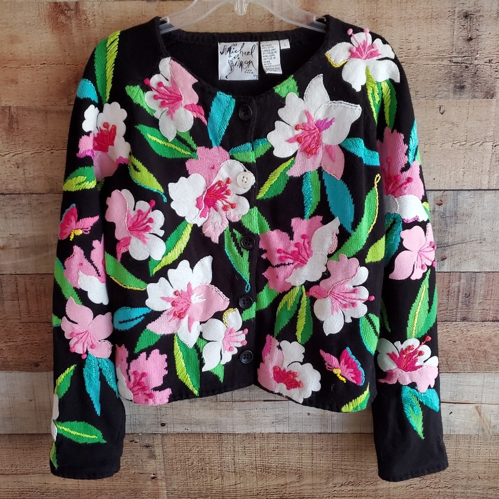 Michael Simon hibiscus cardigan